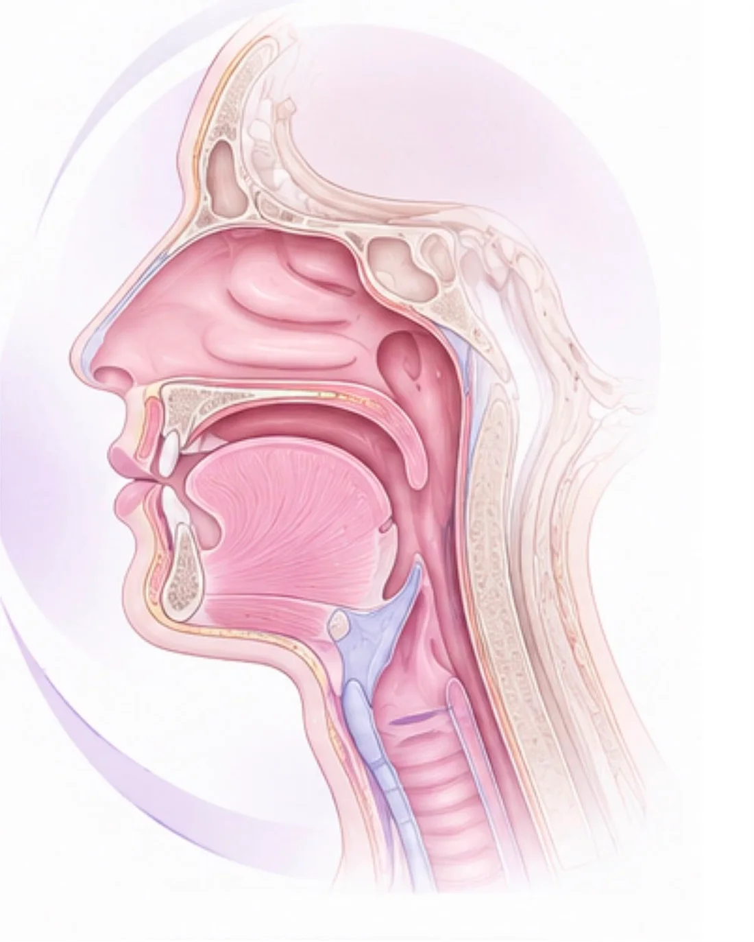 Corte sagital de cabeza y cuello: fosas nasales, cavidad oral, faringe y laringe