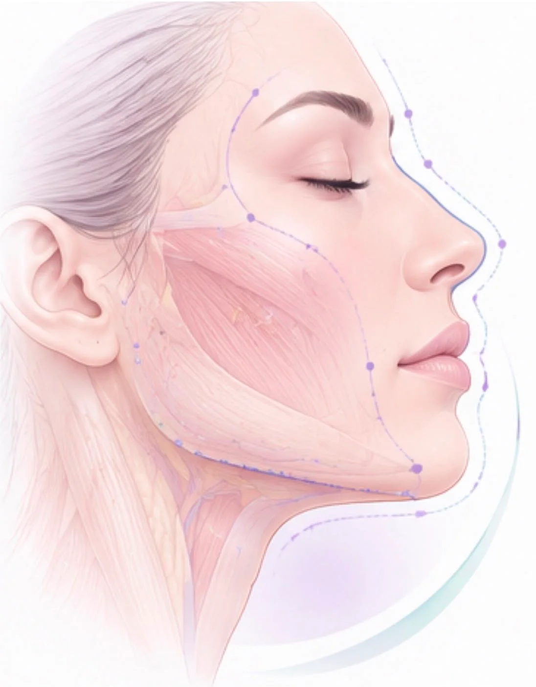 Perfil facial con la musculatura de la cara y líneas guía de armonía facial