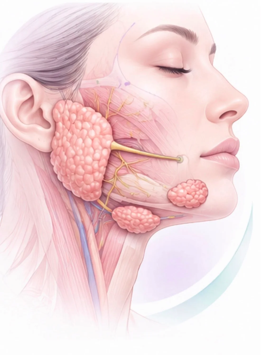 Ilustración de las glándulas salivales: parótida con su conducto, submandibular y sublingual