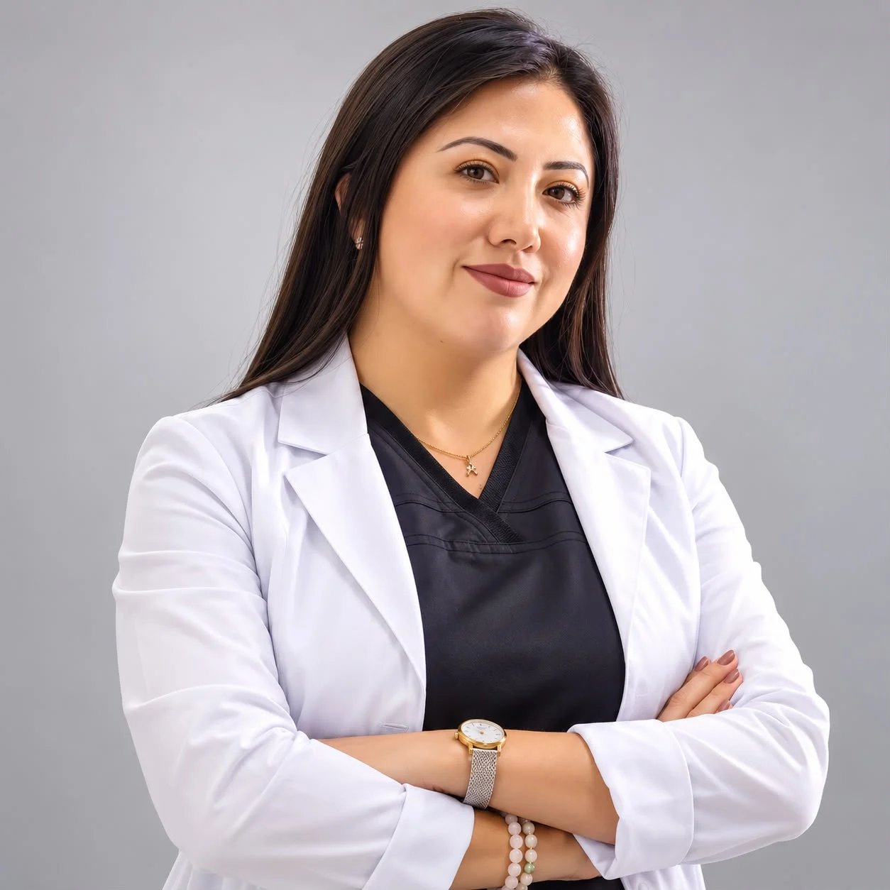 Retrato de la Dra. Alytsa Garcia con mandil blanco y los brazos cruzados